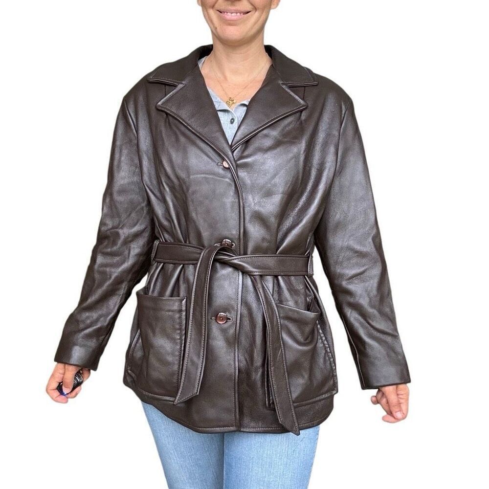 Vintage 100% Genuine Leather Brown Jacket Coat Tie Waist Women Size Medium